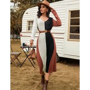 Colorblock V Neck Sweater Dress